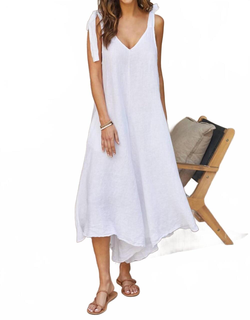 NEW MILIO MILANO tie shoulder v-neck linen jumpsuit in solid white